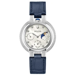 Reloj Bulova Rubaiyat 96R237 Caja 35mm Cuarzo para Dama Correa de Cuero Azul Cristal de zafiro – Fase Lunar & 78 diamonds (0.36 CTW)