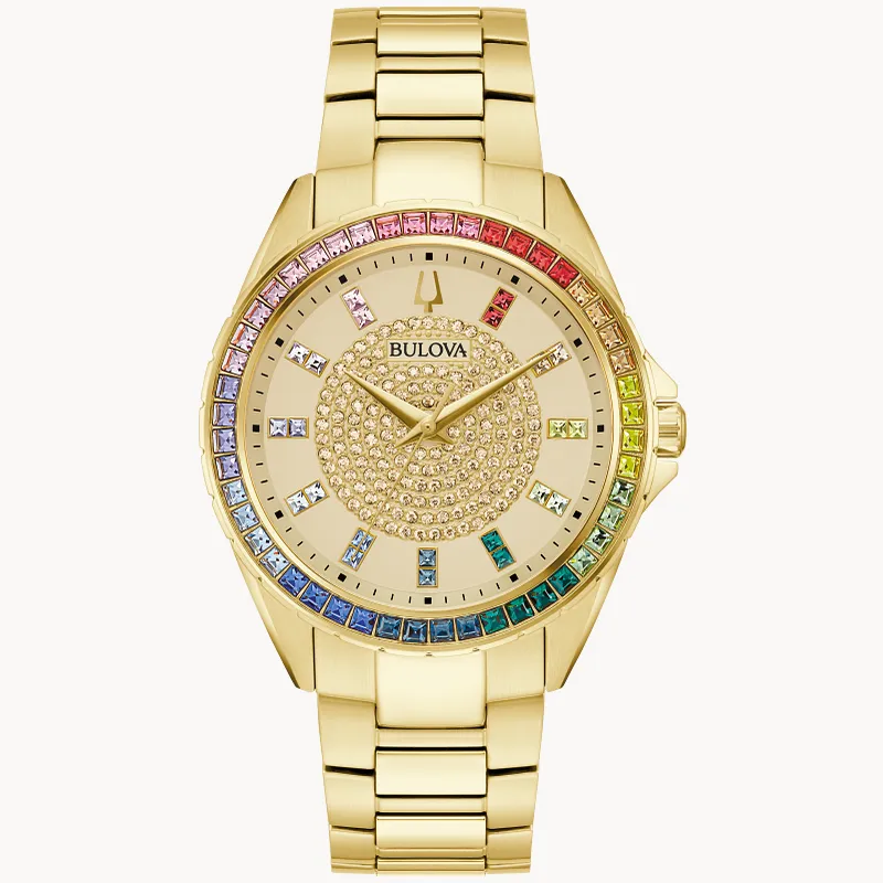 Reloj Bulova Crystal Phantom 97A179 Caja 40mm Cuarzo Unisex Correa de Acero Inoxidable Dorado Cristal mineral