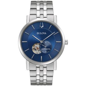 Reloj Bulova 96A247 Caja 42mm Automático para Caballero Correa de Acero Inoxidable Plateado Cristal mineral – American Clipper esfera de apertura abierta azul