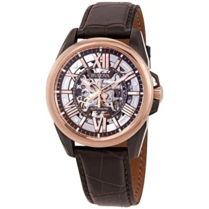 Reloj Bulova 98A165 Caja 43mm Automático para Caballero Correa de Cuero Marrón Cristal mineral - Skeleton Dial Men's Watch