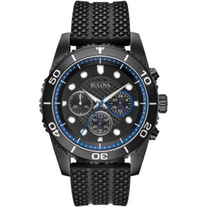 Reloj Bulova 98A211 Caja 43mm Cuarzo para Caballero Correa de Silicona Negra Cristal mineral - Deportivo Cronógrafo