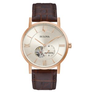 Reloj Bulova 97A150 Caja 42mm Automático para Caballero Correa de Cuero Marrón Cristal mineral – Clásico Caja Oro Rosa