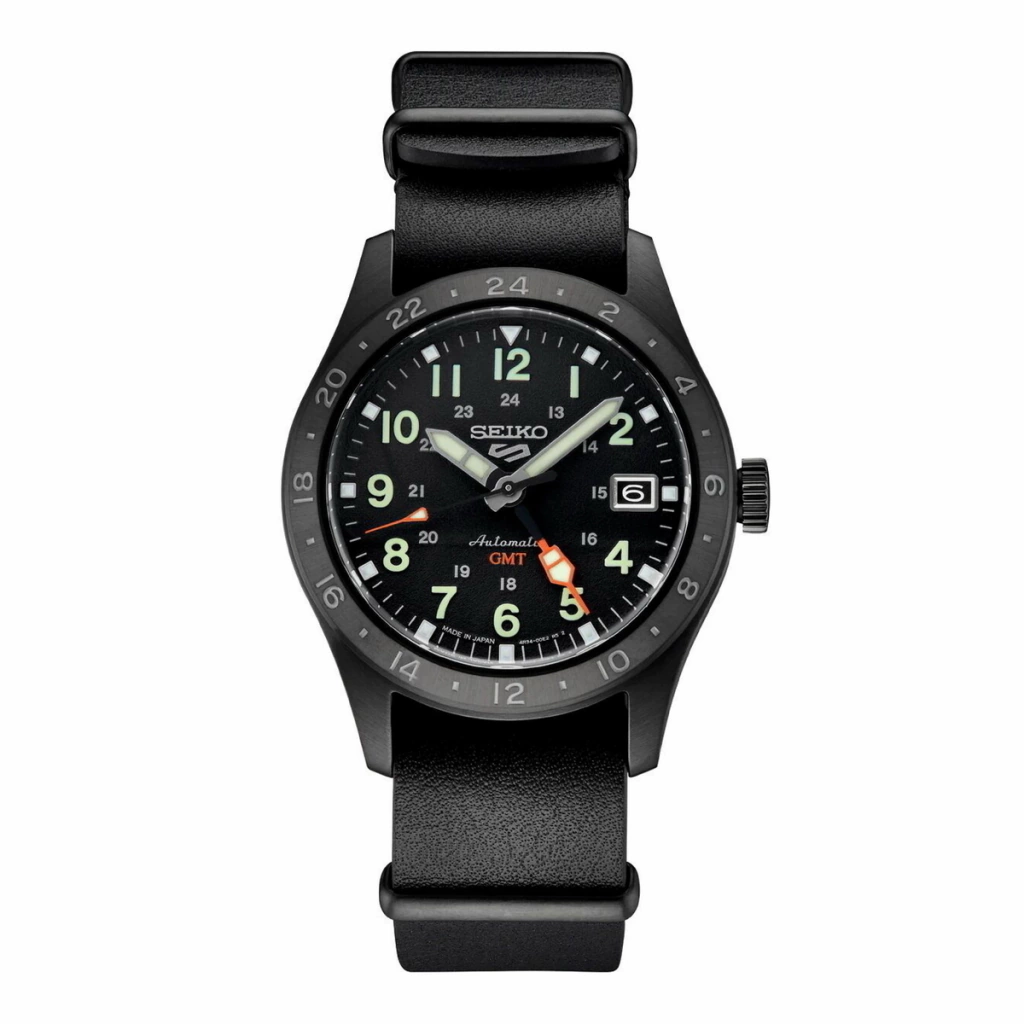 Reloj Seiko SSK025K1 Caja 40mm Cuarzo para Caballero Correa de Cuero 5 Sports Black dial Field Automatic GMT Cristal Mineral