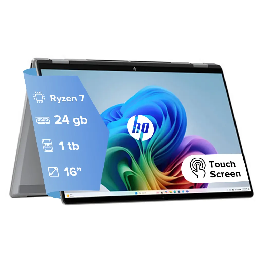 HP OMNIBOOK X Flip 2-in-1 (16-CC0033DX) Pantalla Táctil 16" OLED 2K (1920 x 1200) TOUCHSCREEN LAPTOP METEOR SILVER - Procesador AMD Ryzen AI 400 Series 9 465 - RAM 32GB - Disco Sólido SSD 512GB - Win 11 - Peso 2.10Kg. - Pad Numérico