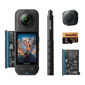 Cámara de acción Insta360 X5 8K COSTCO CA ADVENTURE BUNDLE 2 Incluye memoria 256GB + SELFIE STICK 114cm + Bateria Extra + Funda Protectora + Tapa de Lente - Negra Ultimo Modelo Insta360 X5 - Cámara de acción impermeable 8K de 360°, luz baja, efecto selfie stick invisible, lente resistente y reemplazable, batería de 3 horas, protector de viento integrado, estabilización