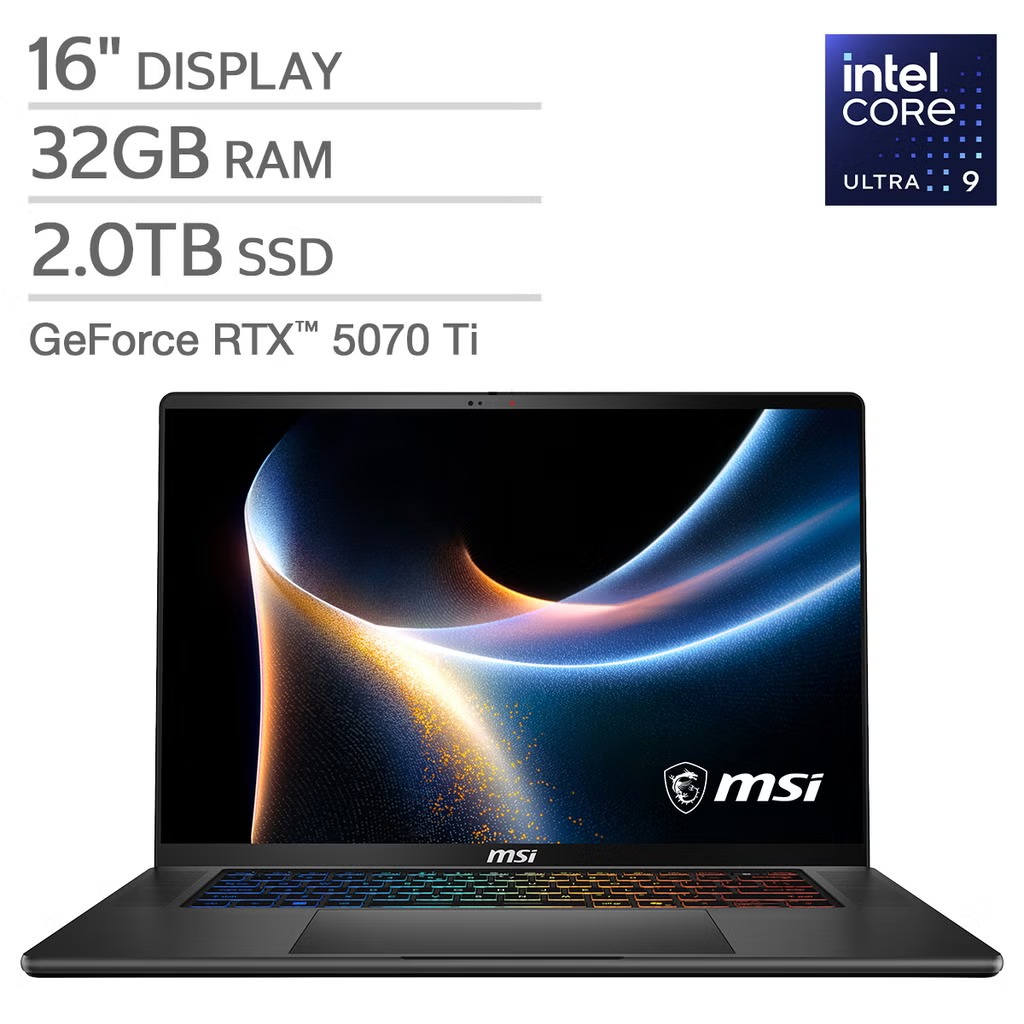 MSI STEALTH 16 AI+ (B3WH-059US) GAMING LAPTOP CORE BLACK - Procesador Intel Core Ultra 9 386H - Disco SSD 2TB SSD - RAM 32GB - Pantalla 16" OLED QHD+ (2560 x 1600) 240hz - Placa de Video NVIDIA RTX 5070 Ti 12GB - Backlit RGB Keyboard - WIN 11 - Peso 1,99Kg.