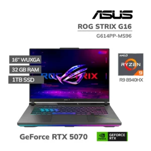 ASUS ROG STRIX G16 (G614PP-MS96) GAMING NOTEBOOK - Pantalla 16" FHD+ (1920 x 1200) 165Hz - Procesador AMD Ryzen 9 8940HX - RAM 32GB DDR5 - Disco Sólido SSD 1TB - Placa de Video NVIDIA GeForce RTX 5070 8GB GDDR7 - Win 11 - Color ECLIPSE GRAY - Peso 2,50Kg.