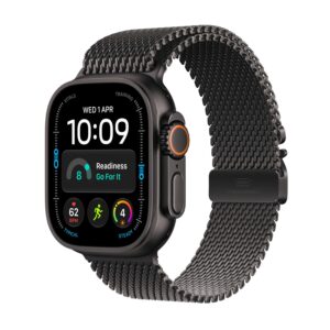 Apple Watch Ultra 4 [GPS + Cellular 49mm] Running & Multisport Smartwatch Black Titanium Case w/Black Titanium Milanese Loop Malla Talle L (180–210mm) MJAX4LS/A - Batería hasta 50 hs, GPS Doble Frecuencia, Comunicación Satelital, Sensor de Frecuencia Cardíaca más Preciso